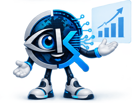 El personaje de IntelKIT, formado por el isotipo de la marca, presentando un panel con un gráfico de barras ascendente.